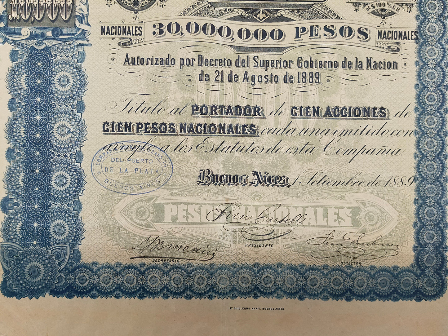Historische Aktie 1889 Compania Docks de Transito del Puerto de La Plata