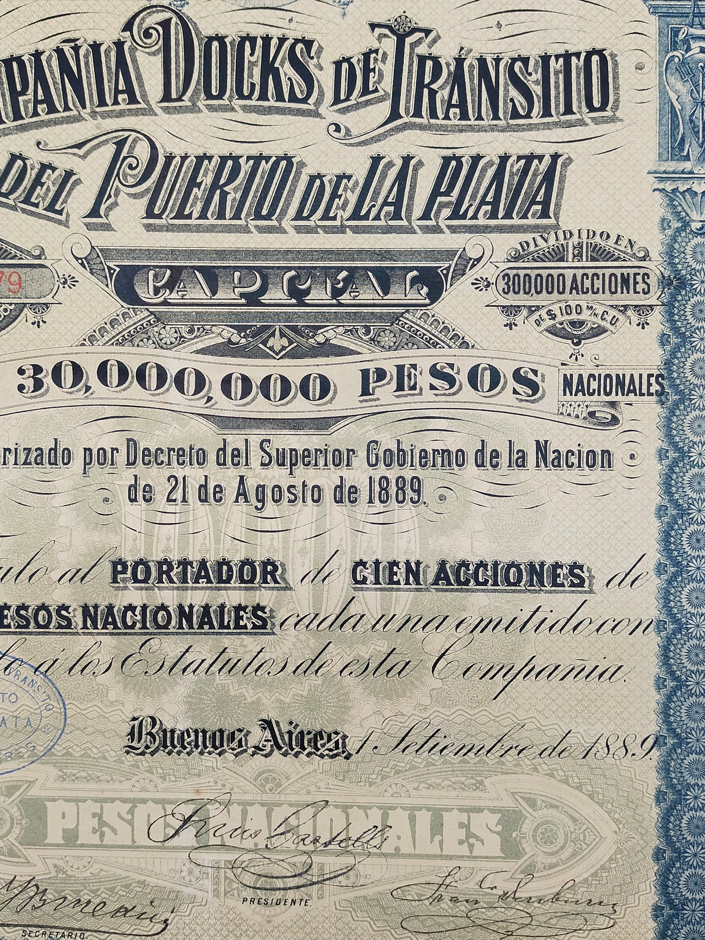 Historische Aktie 1889 Compania Docks de Transito del Puerto de La Plata