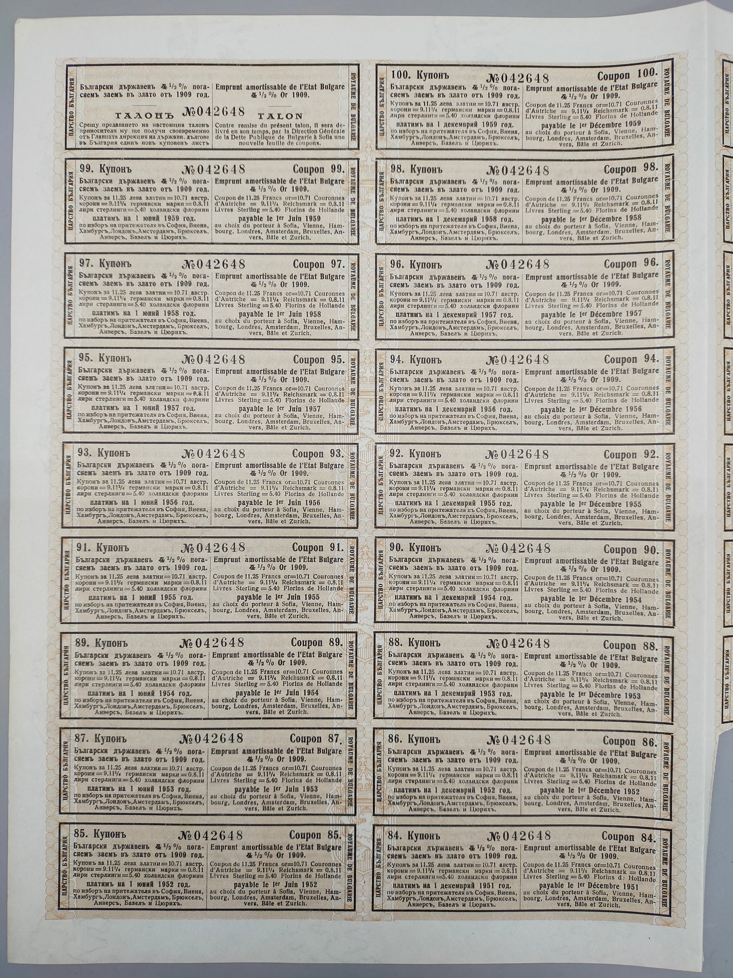 Historische Bulgarische Staatsanleihe 1909 500 Gold Francs Scripophily