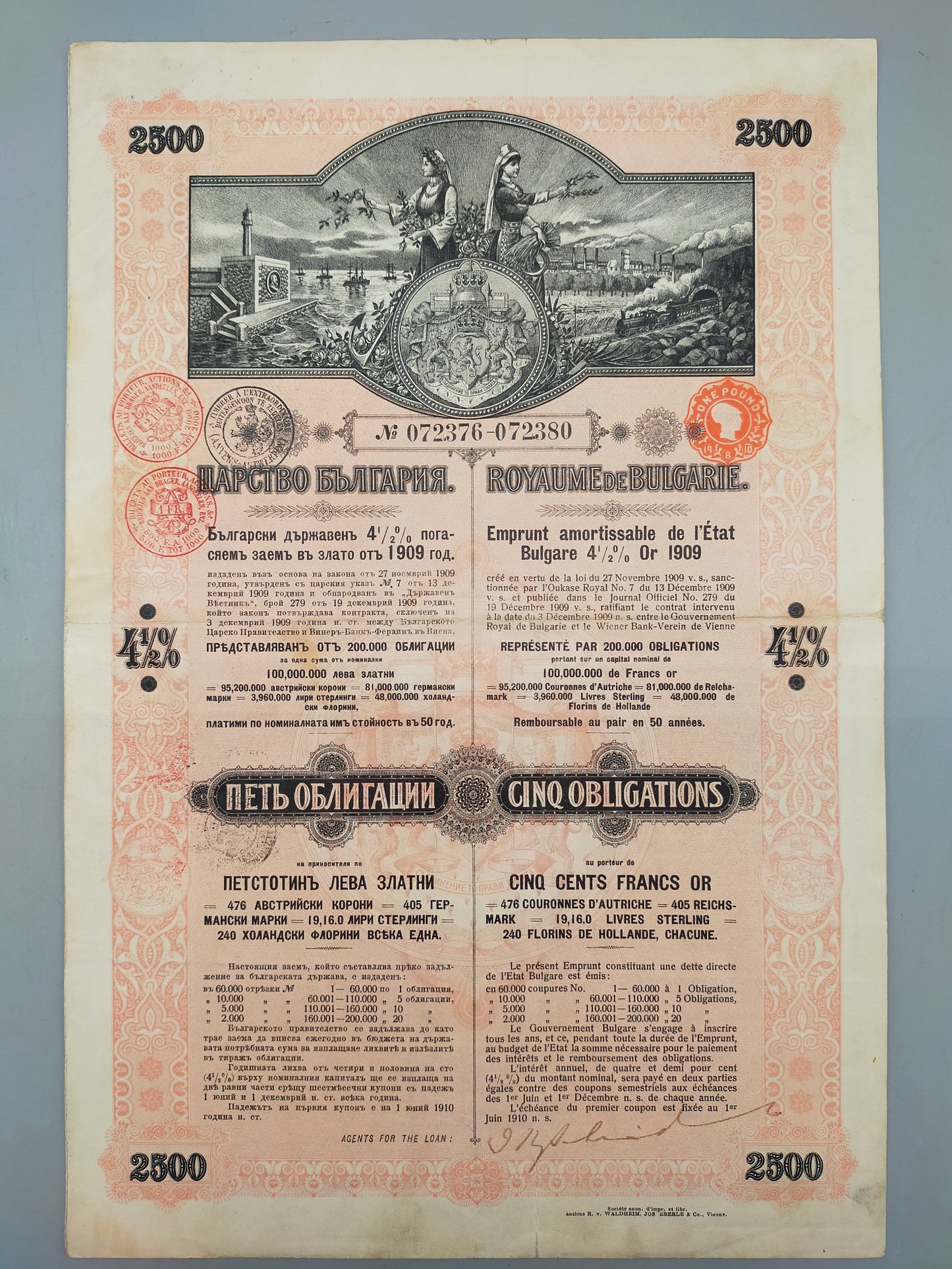 Historische Anleihe Königreich Bulgarien 1909 2500Gold-Francs