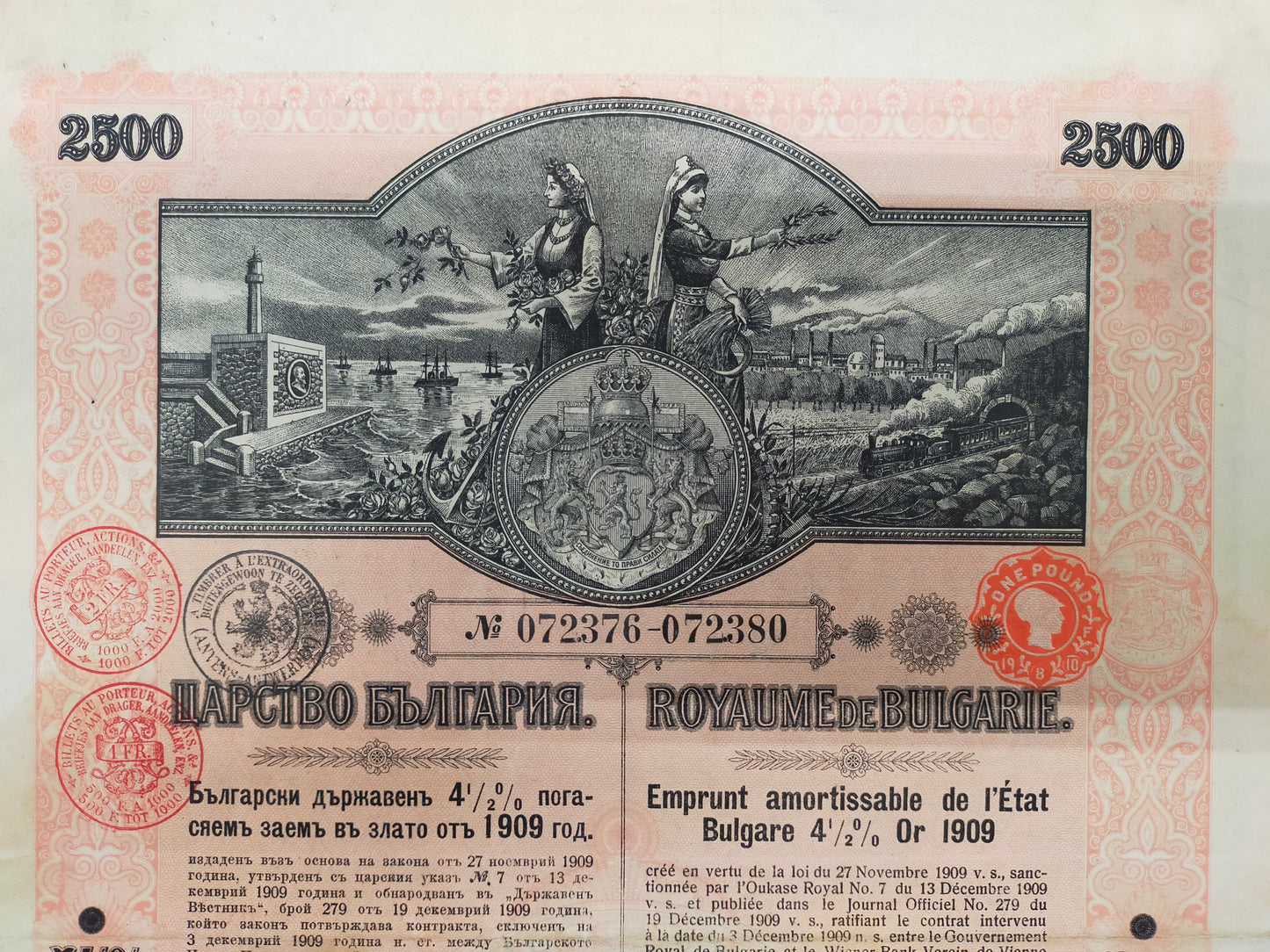 Historische Anleihe Königreich Bulgarien 1909 2500Gold-Francs