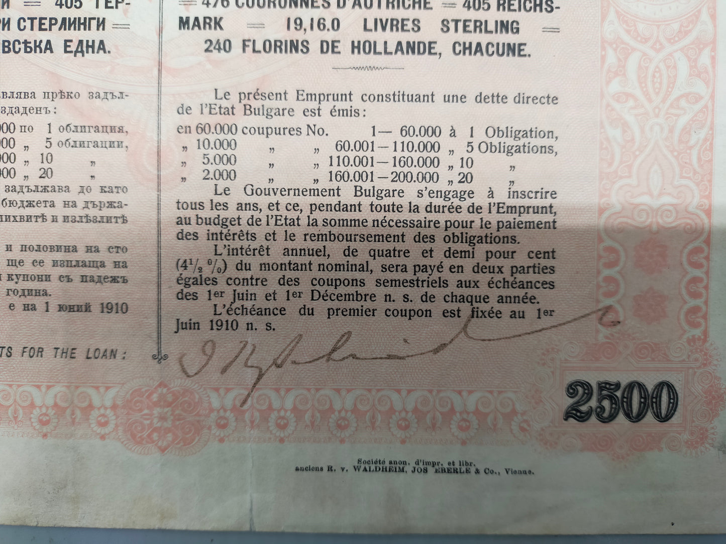 Historische Anleihe Königreich Bulgarien 1909 2500Gold-Francs