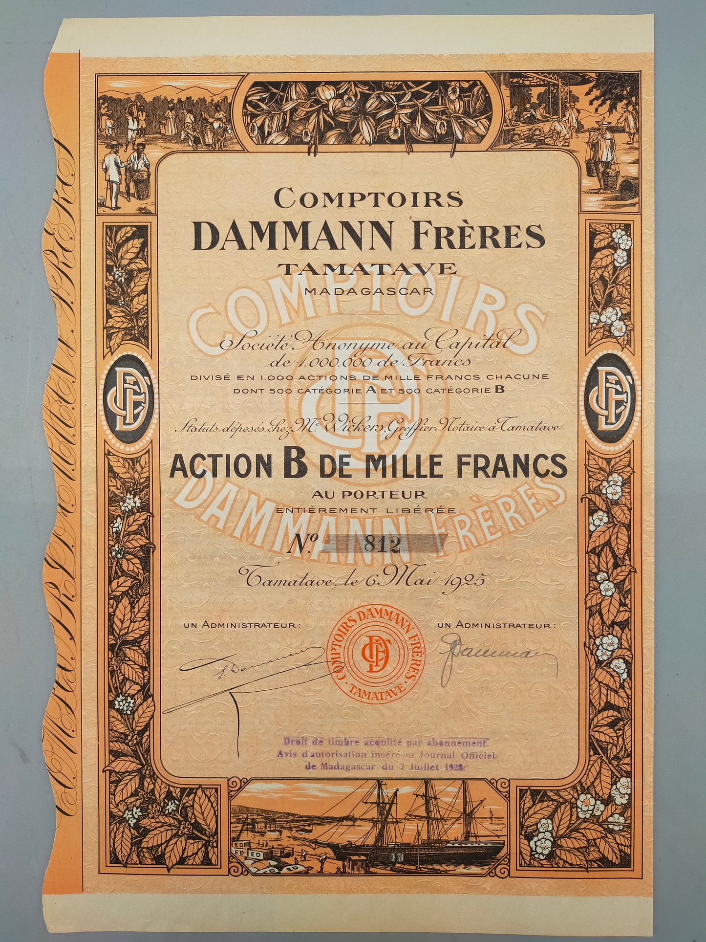 Historische Aktie Frères 1925 Comptoirs Tamatave Madagaskar
