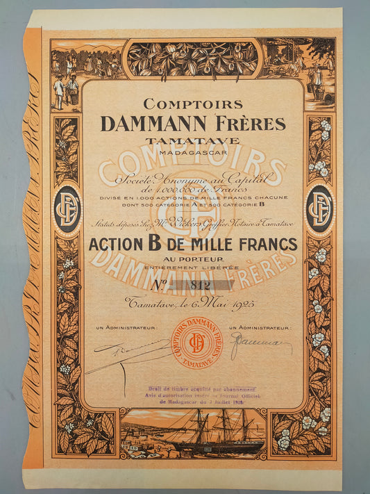Historische Aktie Frères 1925 Comptoirs Tamatave Madagaskar