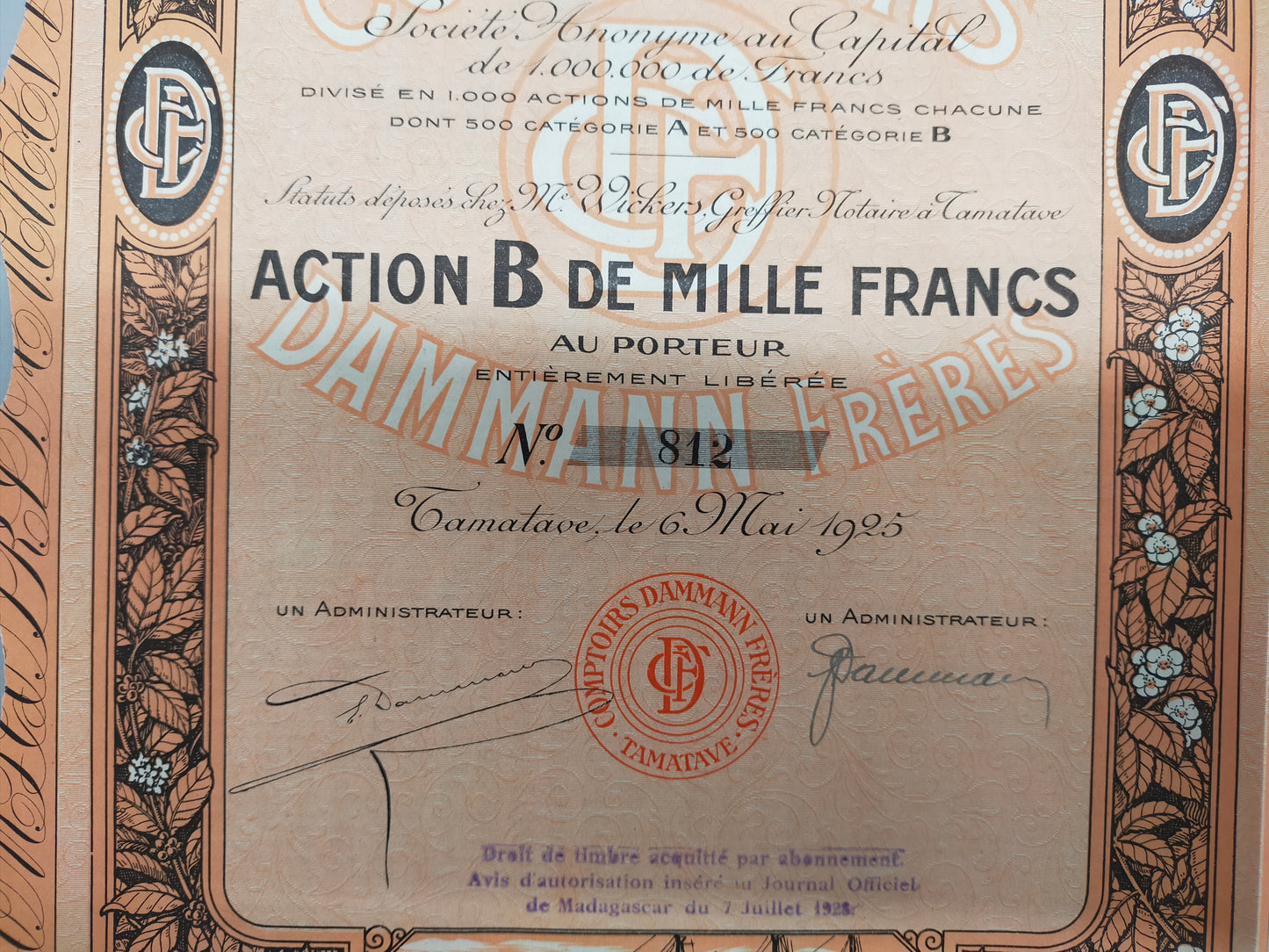 Historische Aktie Frères 1925 Comptoirs Tamatave Madagaskar