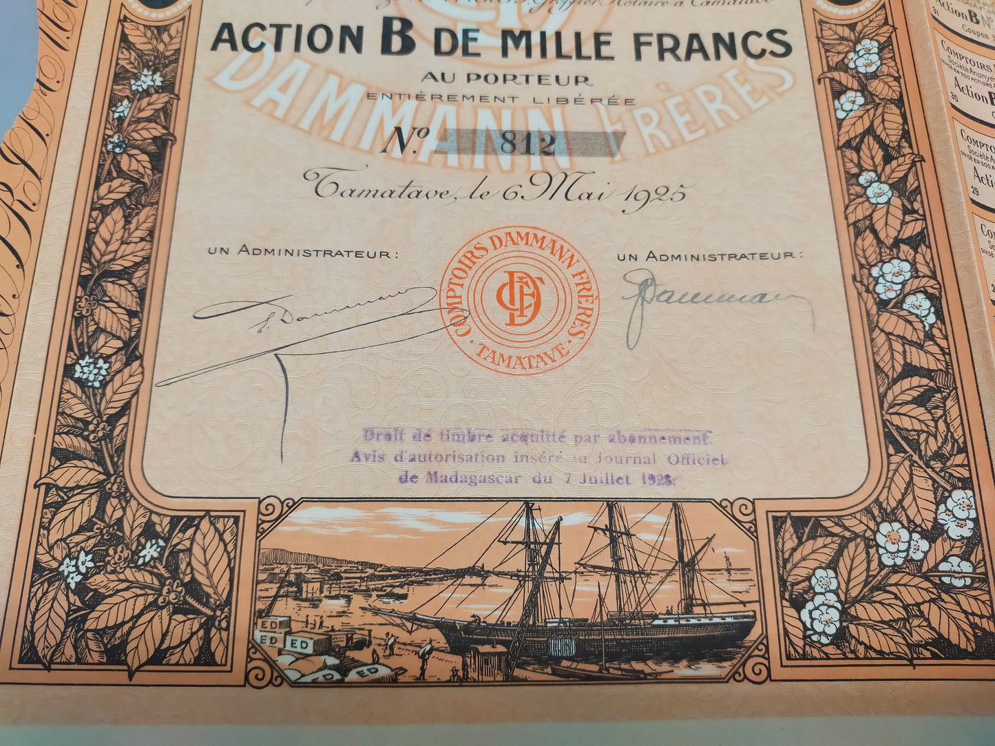 Historische Aktie Frères 1925 Comptoirs Tamatave Madagaskar