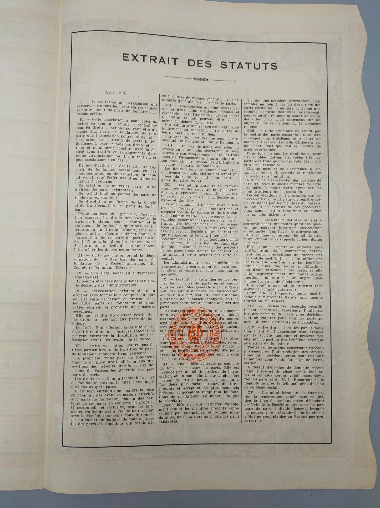 Historische Aktie Frères 1925 Comptoirs Tamatave Madagaskar