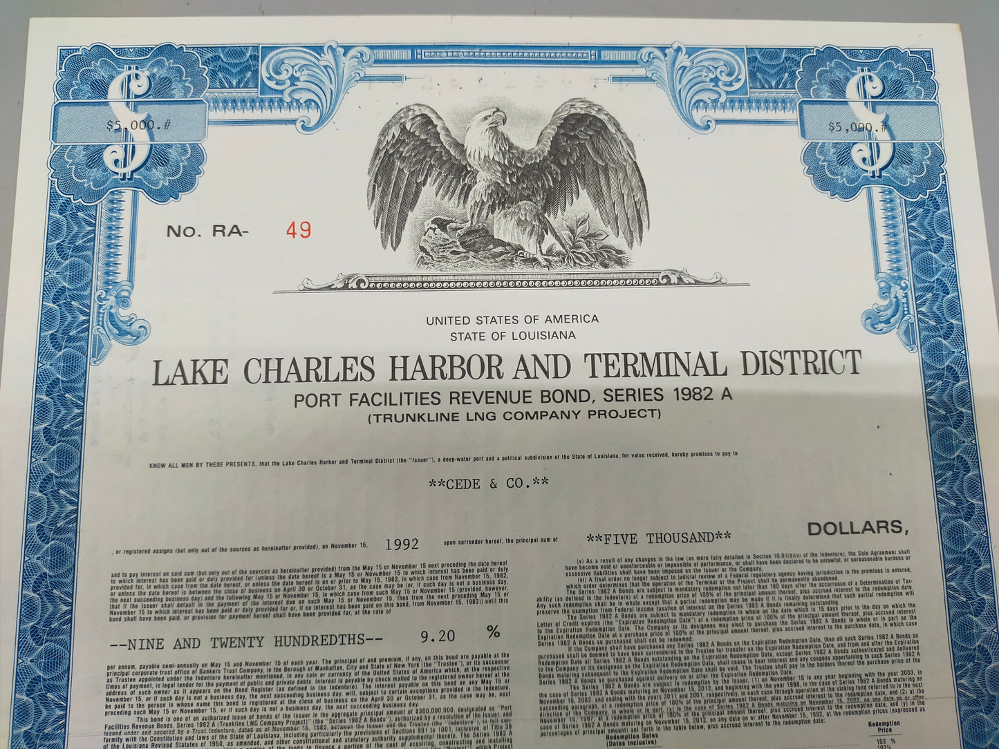 Historische US Anleihe 1983 Lake Charles Harbor