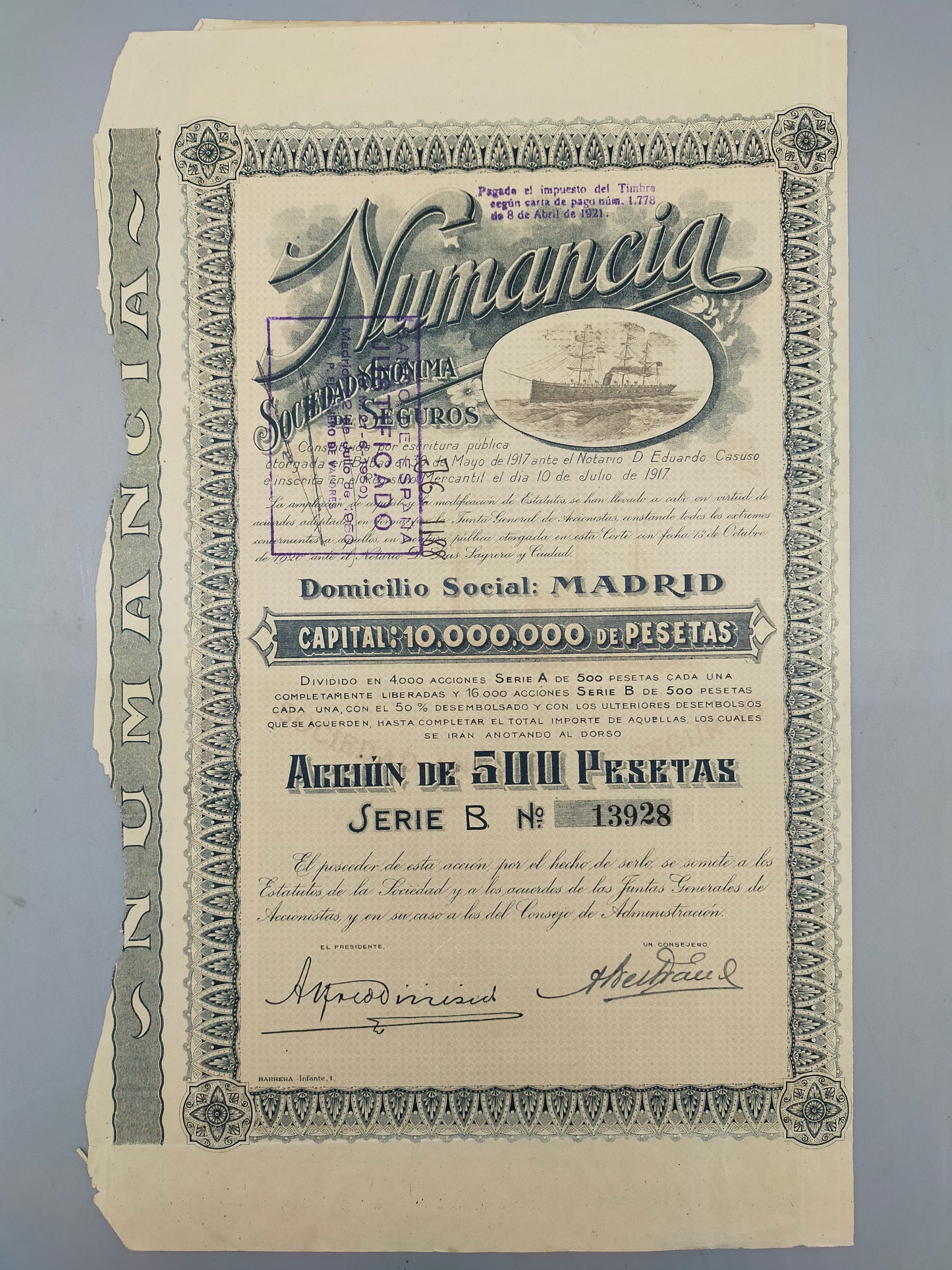 Historische Aktie Numancia Sociedad de Seguros Madrid 1921