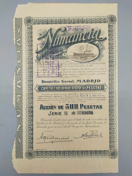 Historische Aktie Numancia Sociedad de Seguros Madrid 1921