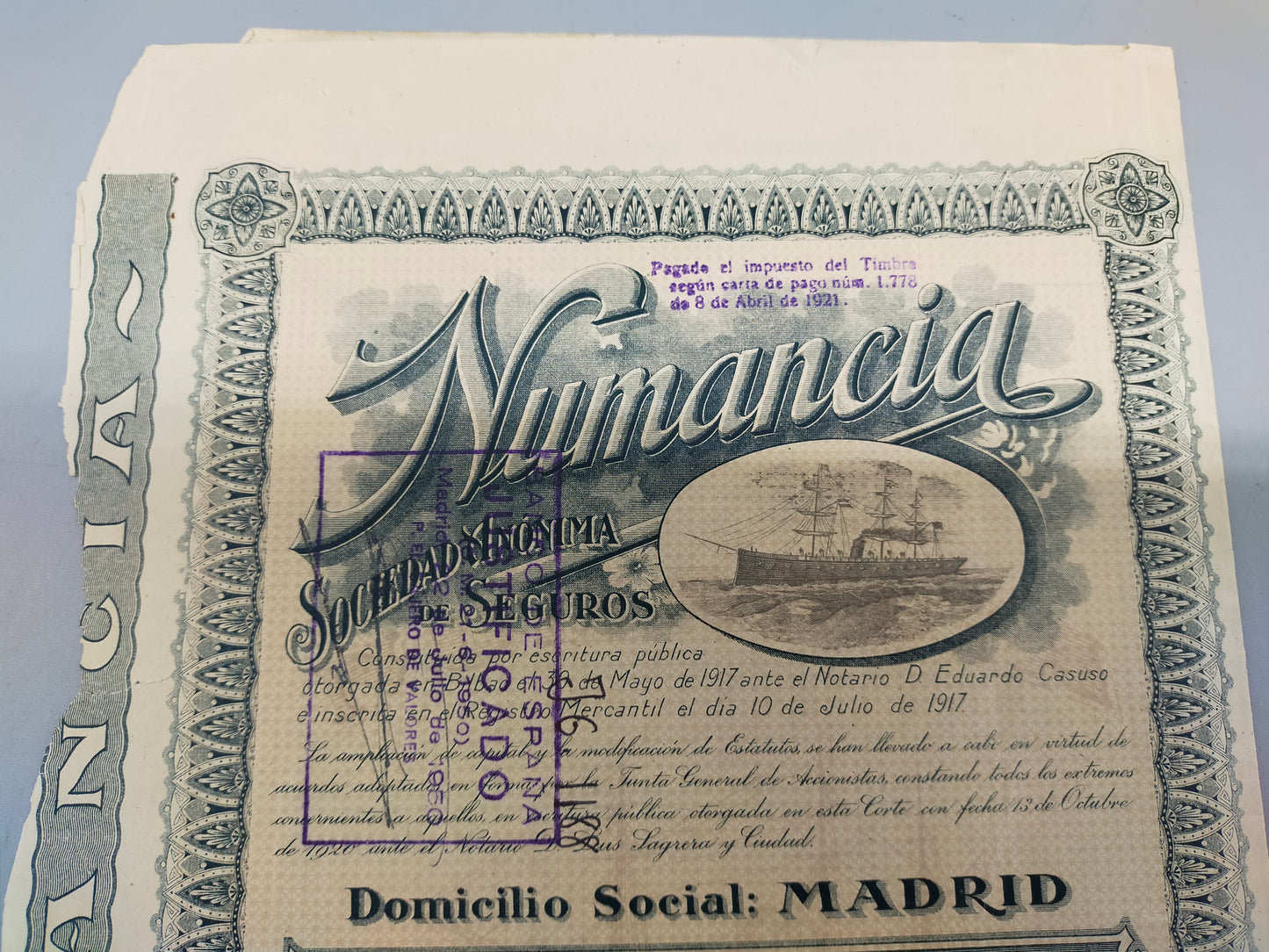 Historische Aktie Numancia Sociedad de Seguros Madrid 1921