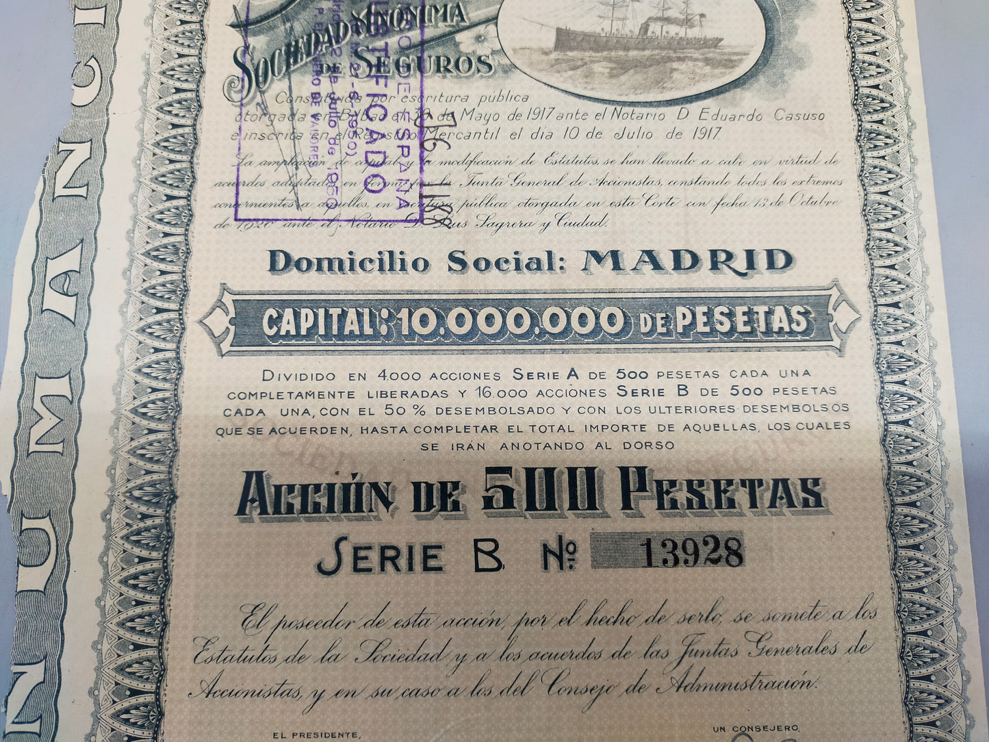 Historische Aktie Numancia Sociedad de Seguros Madrid 1921