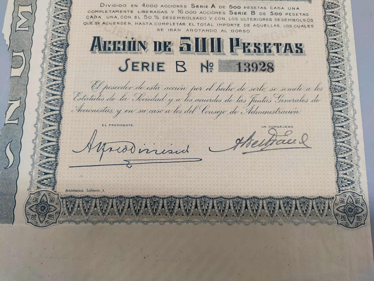 Historische Aktie Numancia Sociedad de Seguros Madrid 1921