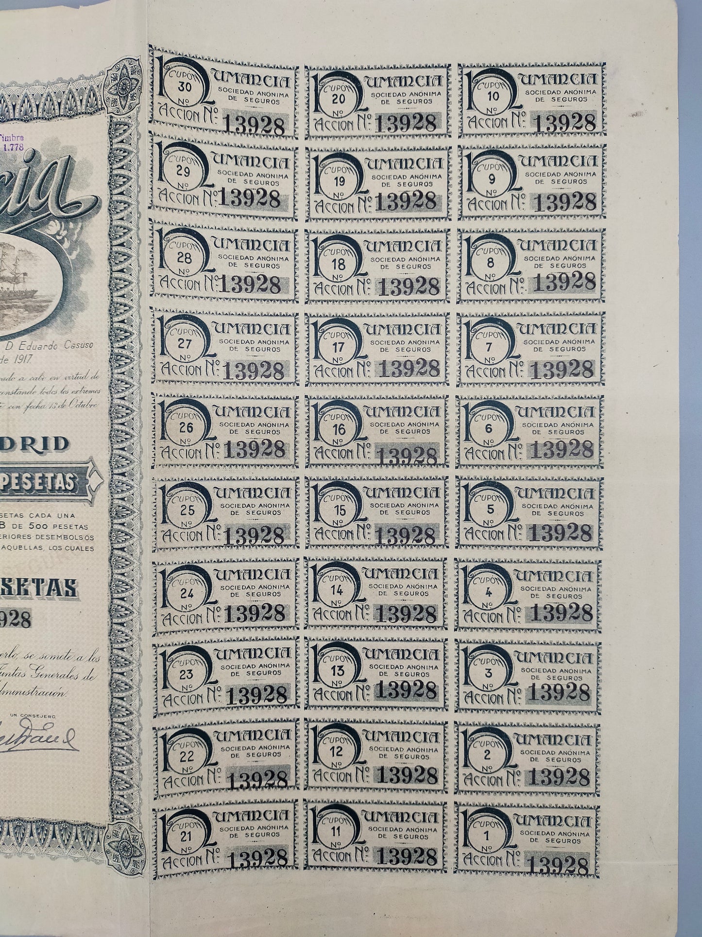 Historische Aktie Numancia Sociedad de Seguros Madrid 1921