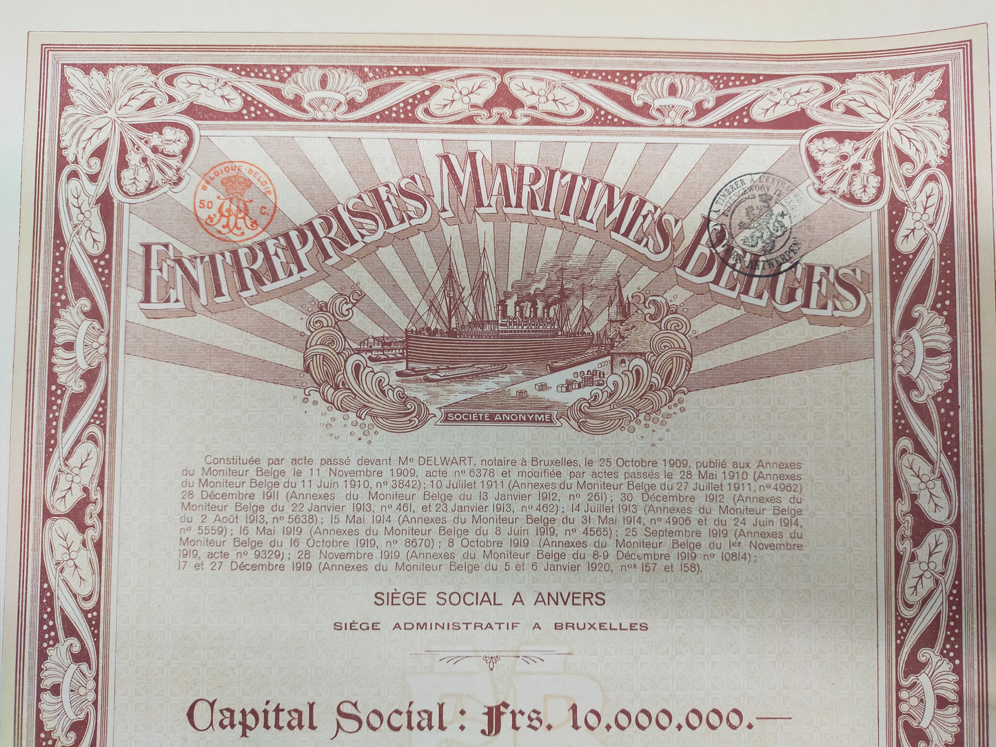 Historische Aktie Entreprises Maritimes Belges Antwerpen 1920