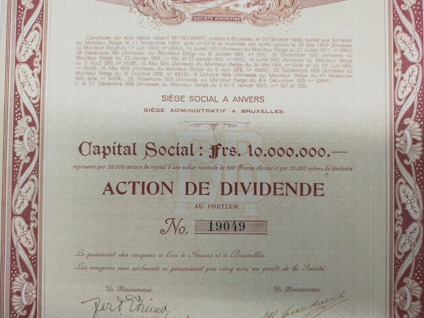 Historische Aktie Entreprises Maritimes Belges Antwerpen 1920