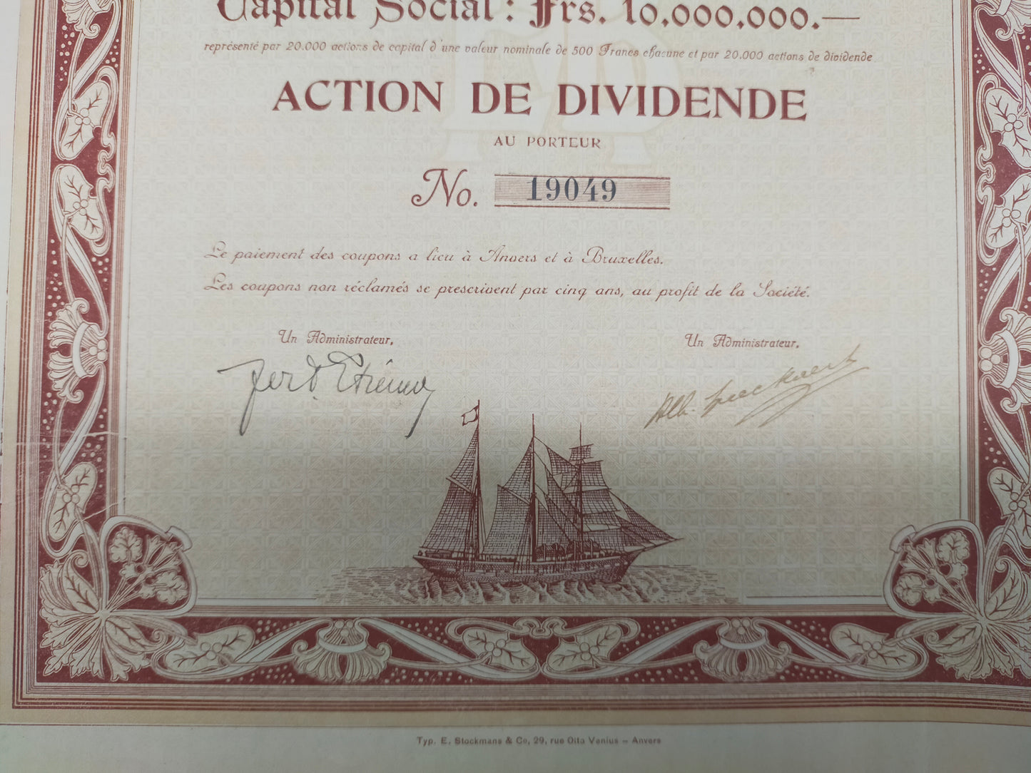 Historische Aktie Entreprises Maritimes Belges Antwerpen 1920