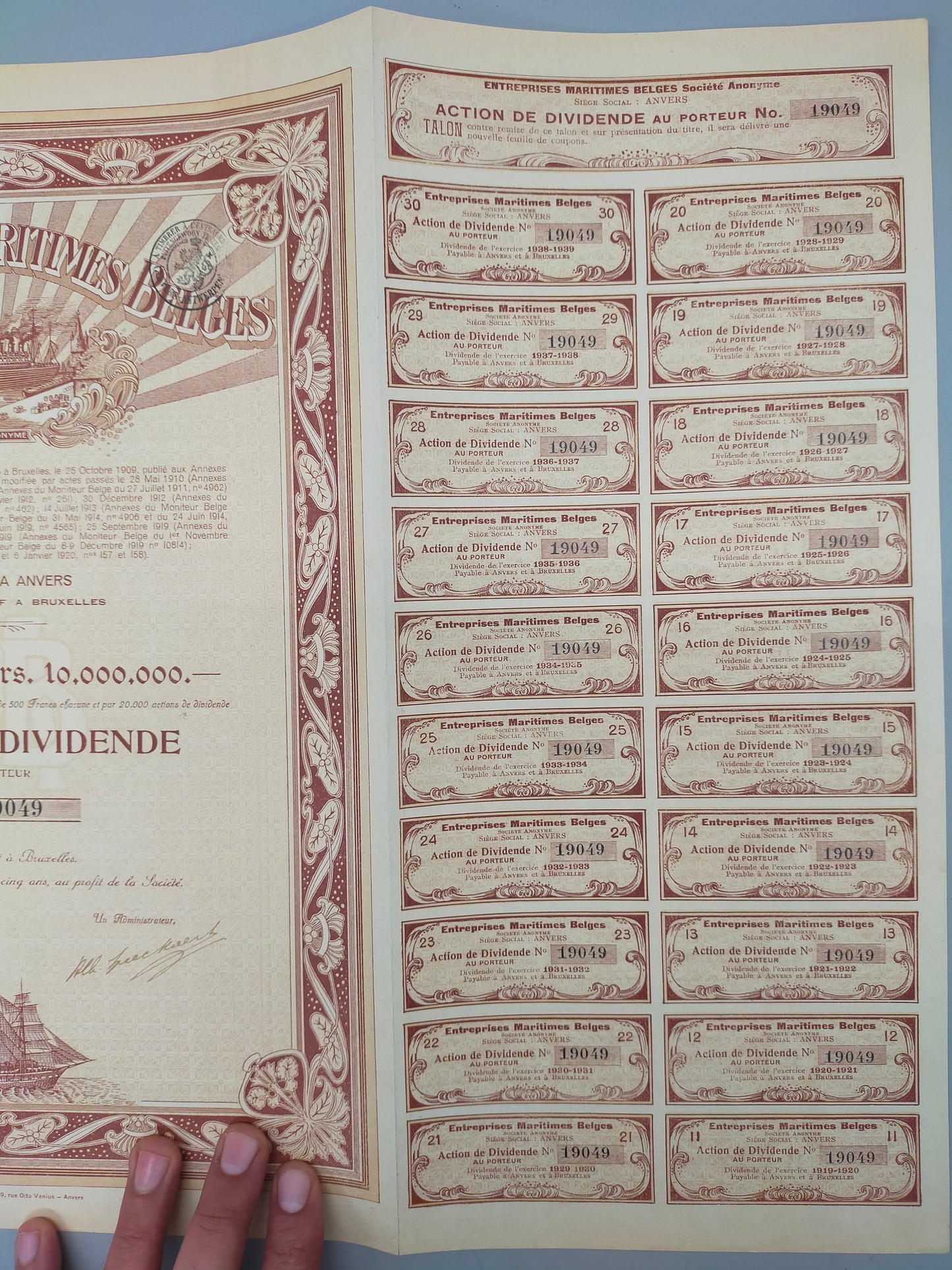 Historische Aktie Entreprises Maritimes Belges Antwerpen 1920