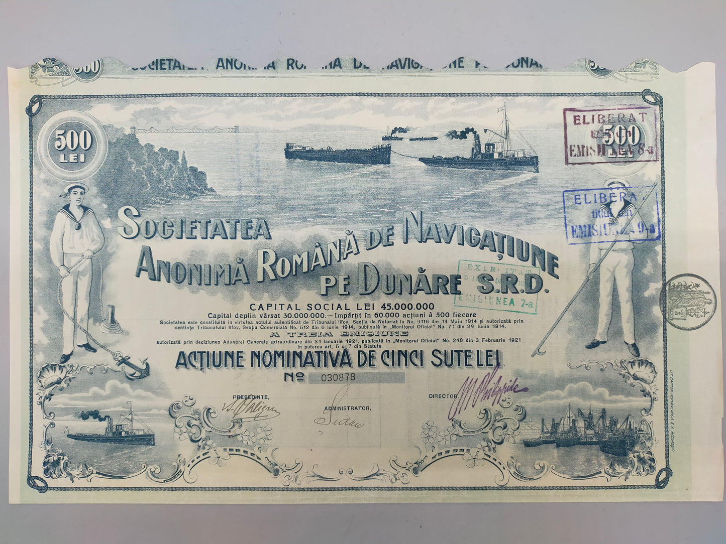 Historische Rumänische Aktie S.R.D. 500 Lei Schifffahrt auf der Donau 1921