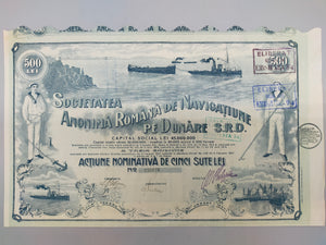 Historische Rumänische Aktie S.R.D. 500 Lei Schifffahrt auf der Donau 1921