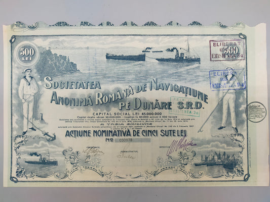 Historische Rumänische Aktie S.R.D. 500 Lei Schifffahrt auf der Donau 1921