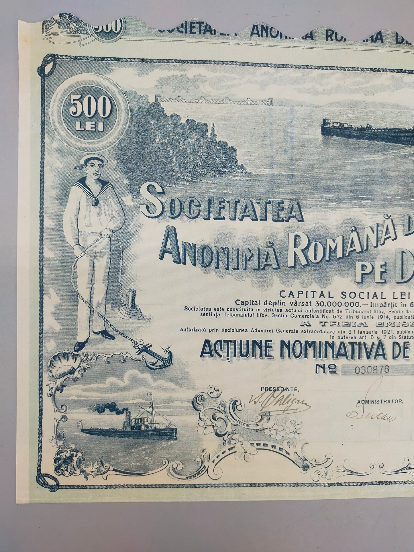 Historische Rumänische Aktie S.R.D. 500 Lei Schifffahrt auf der Donau 1921