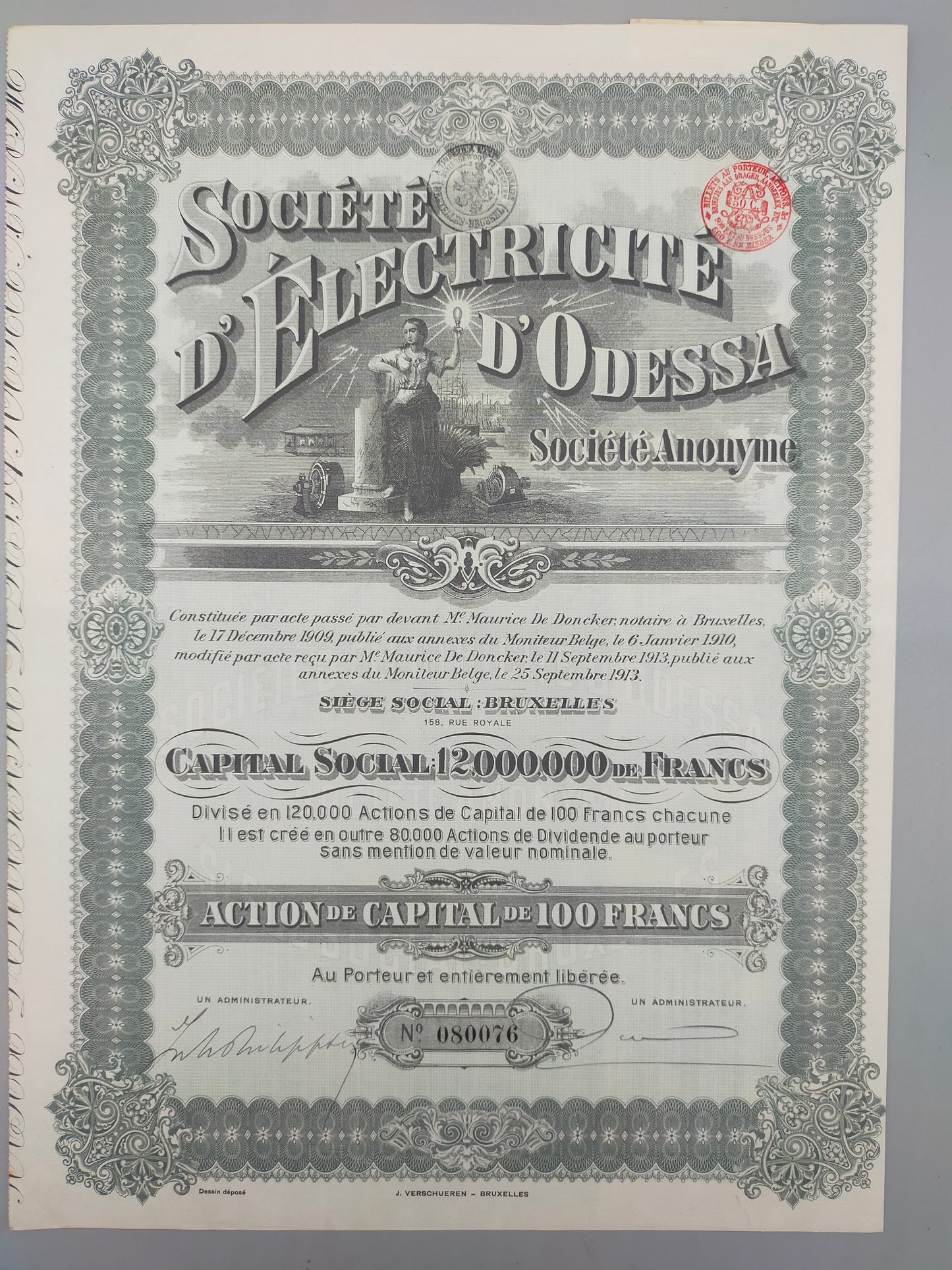 Antike Aktie Société d'Electricité d'Odessa Historisches Wertpapier 1909