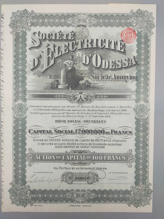Antike Aktie Société d'Electricité d'Odessa Historisches Wertpapier 1909