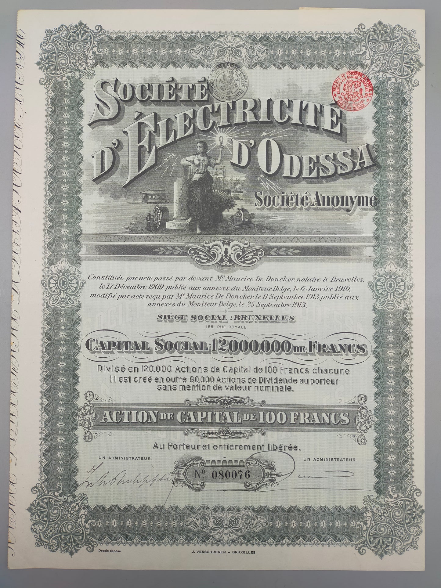 Antike Aktie Société d'Electricité d'Odessa Historisches Wertpapier 1909