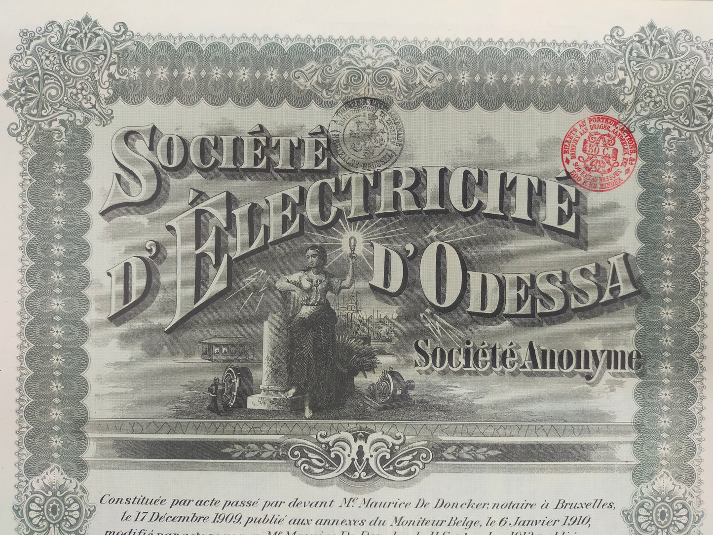 Antike Aktie Société d'Electricité d'Odessa Historisches Wertpapier 1909