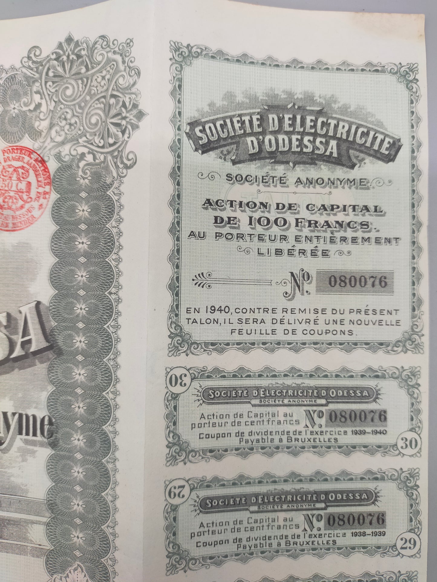 Antike Aktie Société d'Electricité d'Odessa Historisches Wertpapier 1909