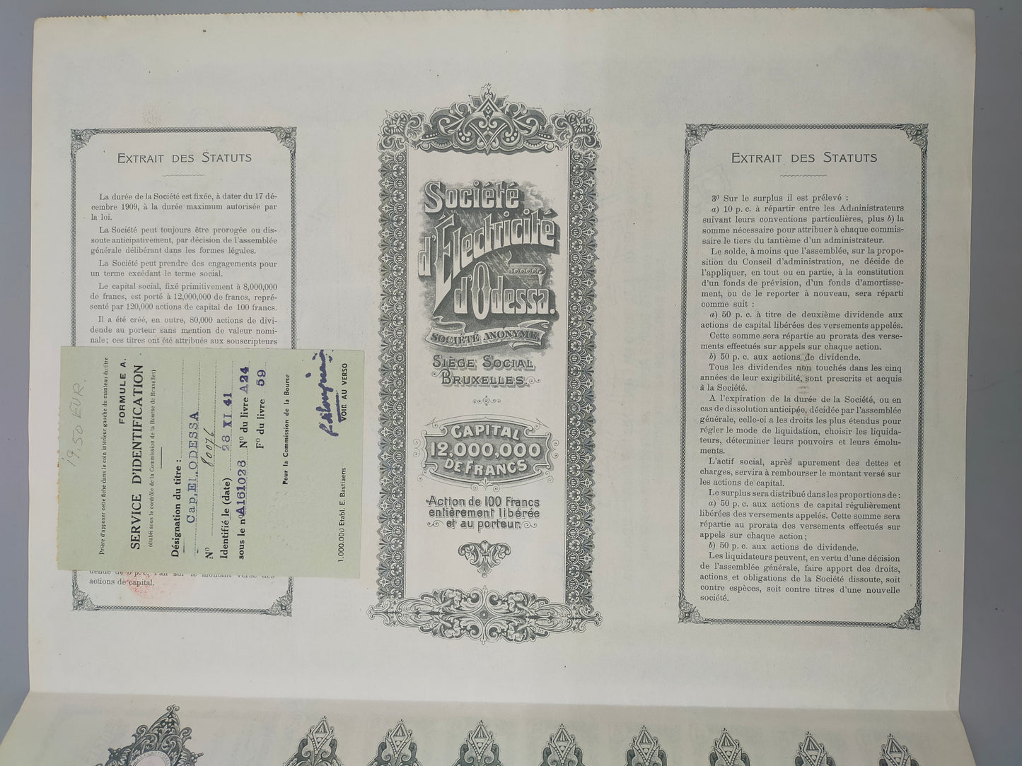 Antike Aktie Société d'Electricité d'Odessa Historisches Wertpapier 1909