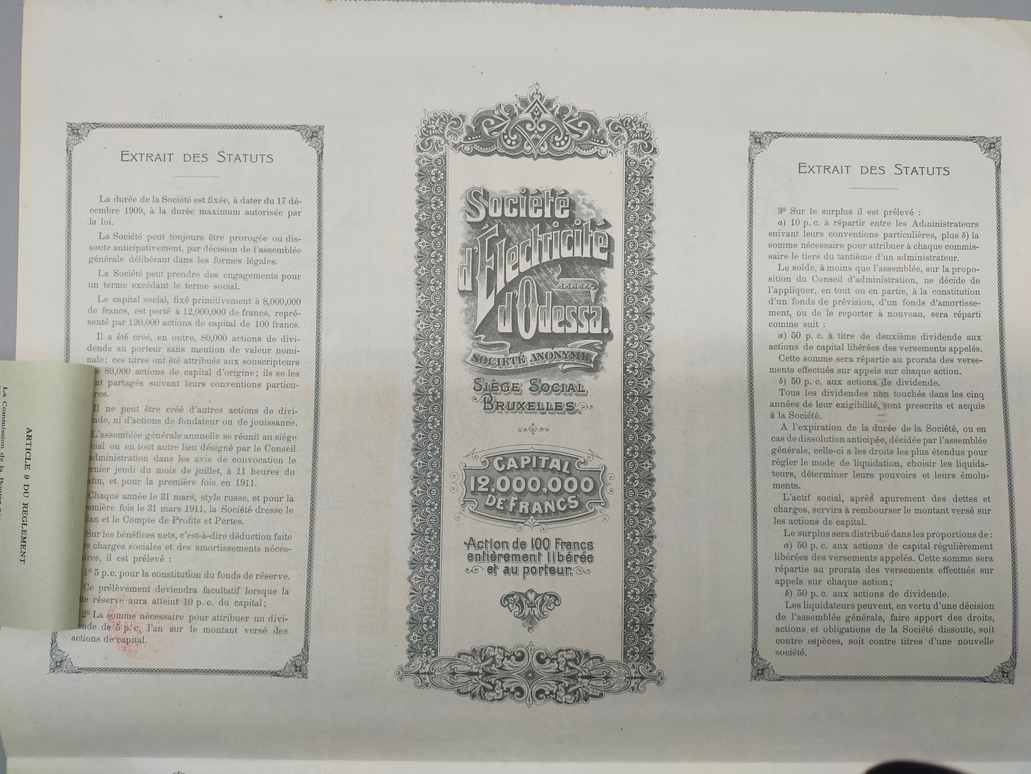 Antike Aktie Société d'Electricité d'Odessa Historisches Wertpapier 1909