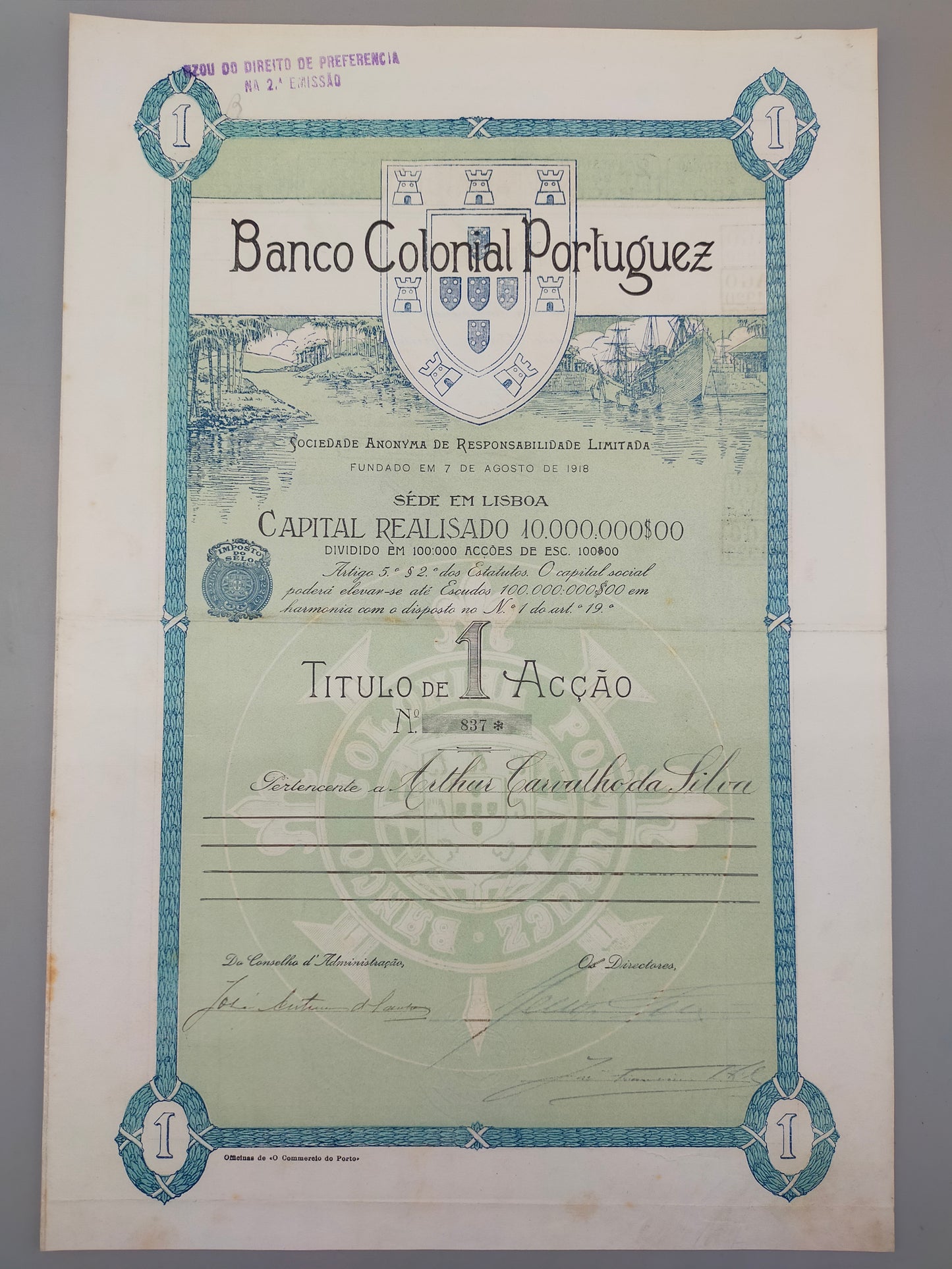 Historische Aktie Banco Colonial Portuguez Original von 1918