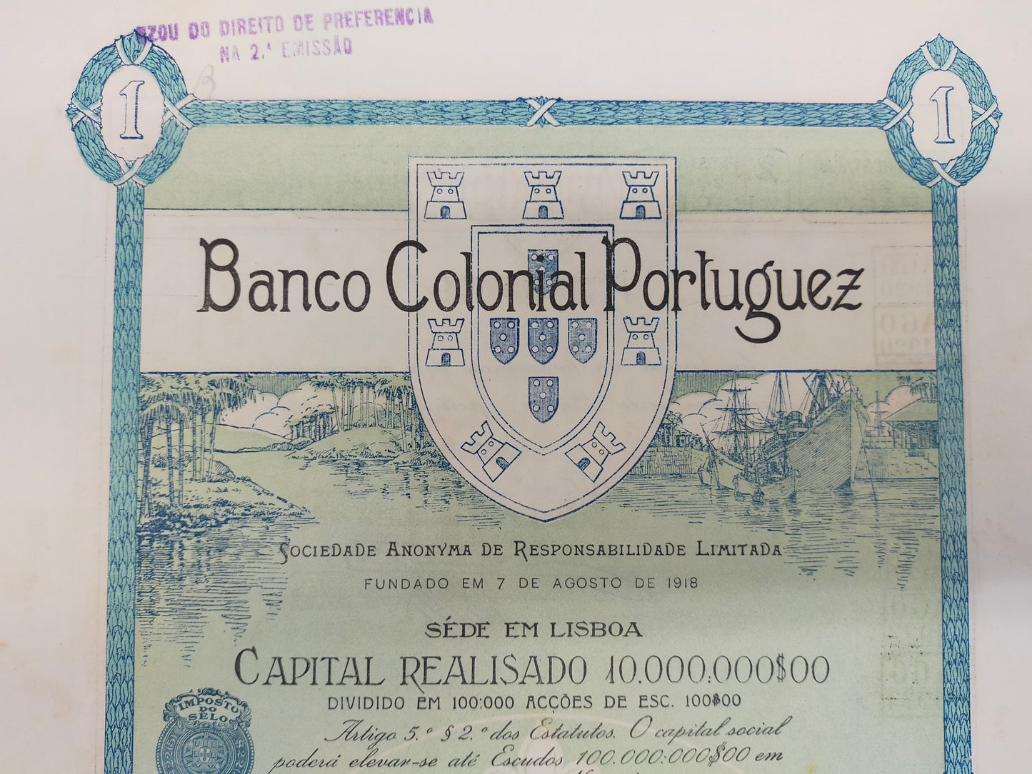 Historische Aktie Banco Colonial Portuguez Original von 1918