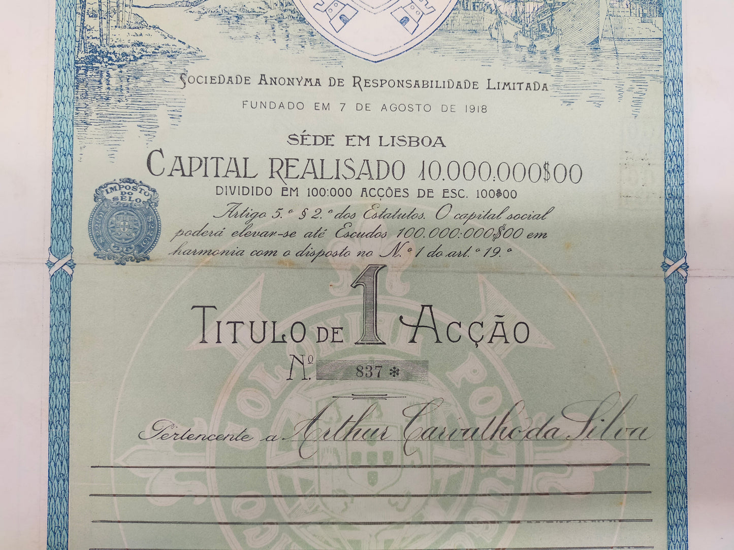 Historische Aktie Banco Colonial Portuguez Original von 1918