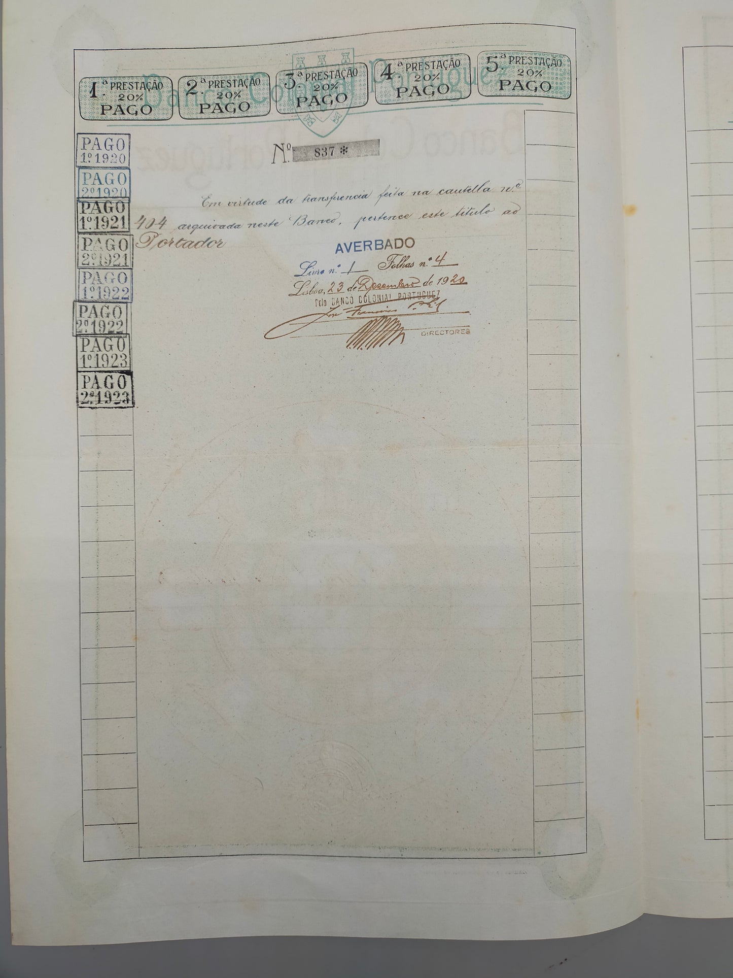 Historische Aktie Banco Colonial Portuguez Original von 1918