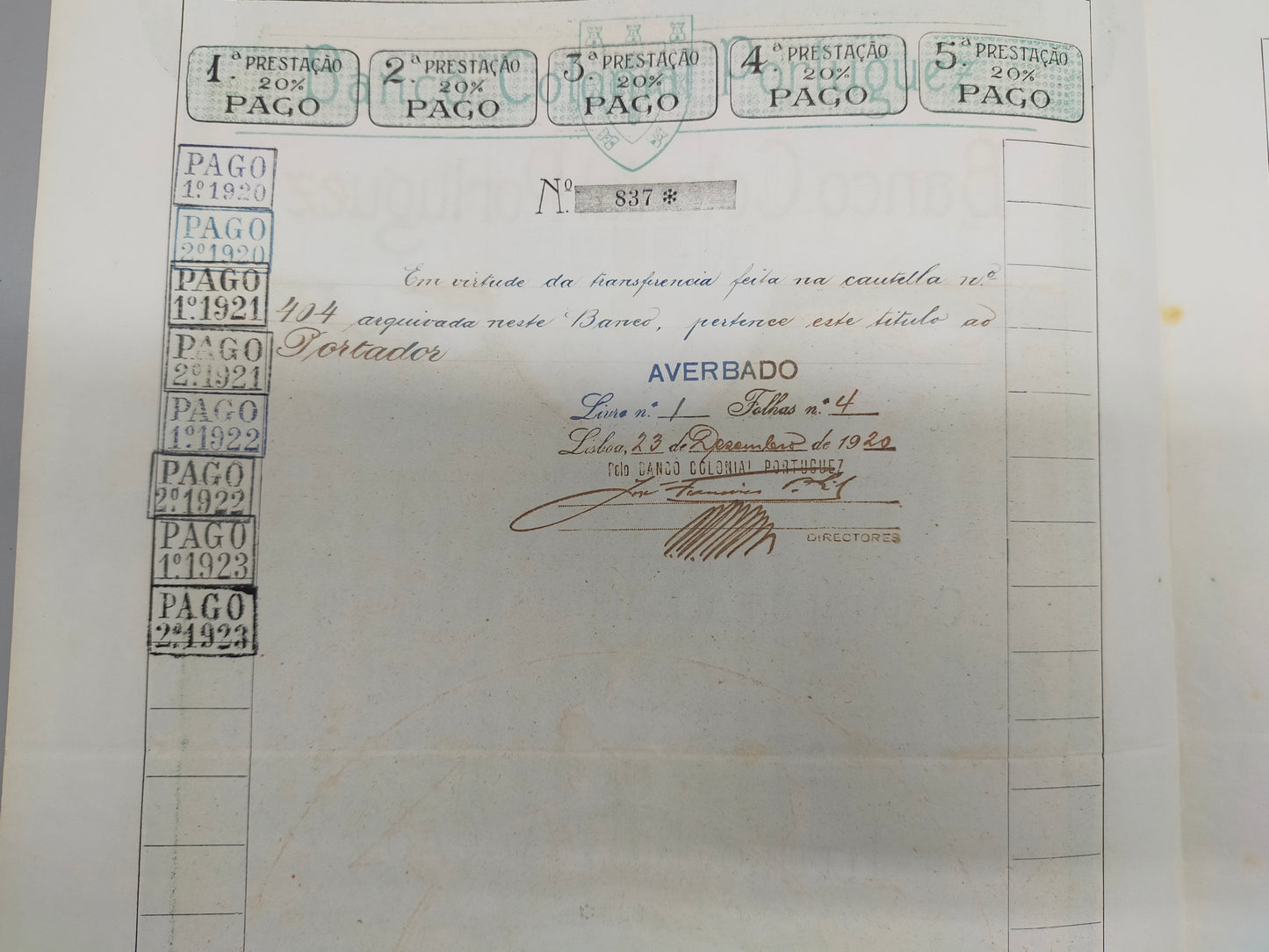 Historische Aktie Banco Colonial Portuguez Original von 1918