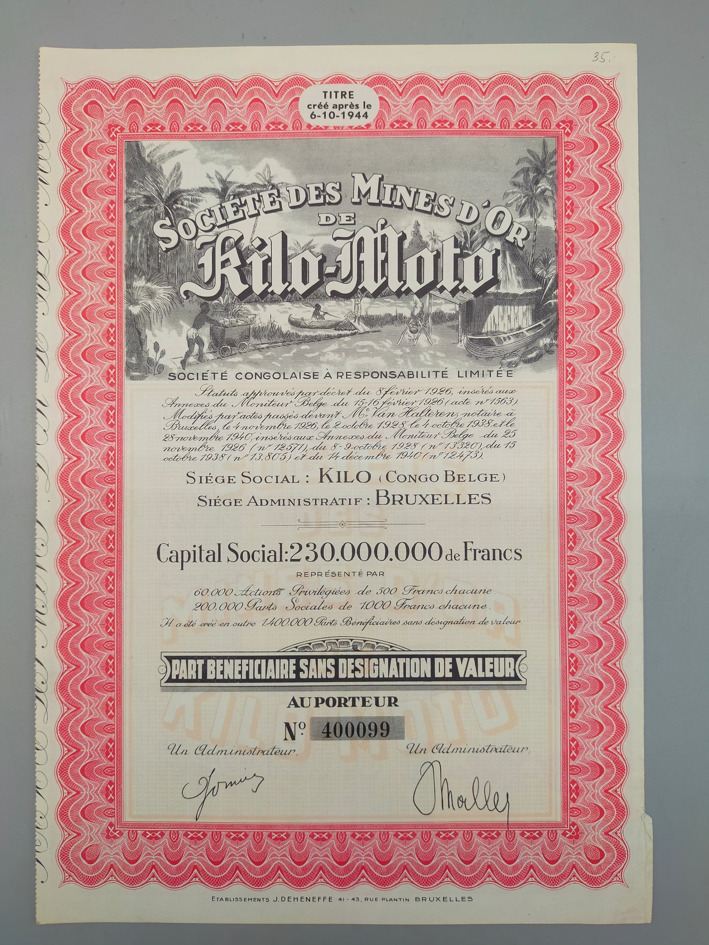 Historische Goldminen Aktie Kilo-Moto 1944