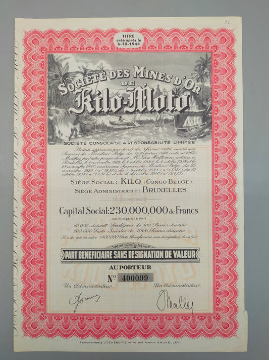 Historische Goldminen Aktie Kilo-Moto 1944