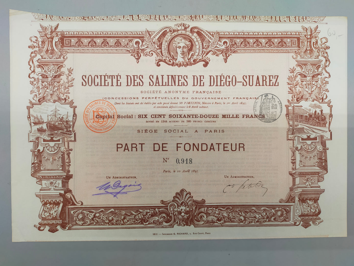 Historische Gründeraktie Société des Salines de Diego Suarez Paris 1895