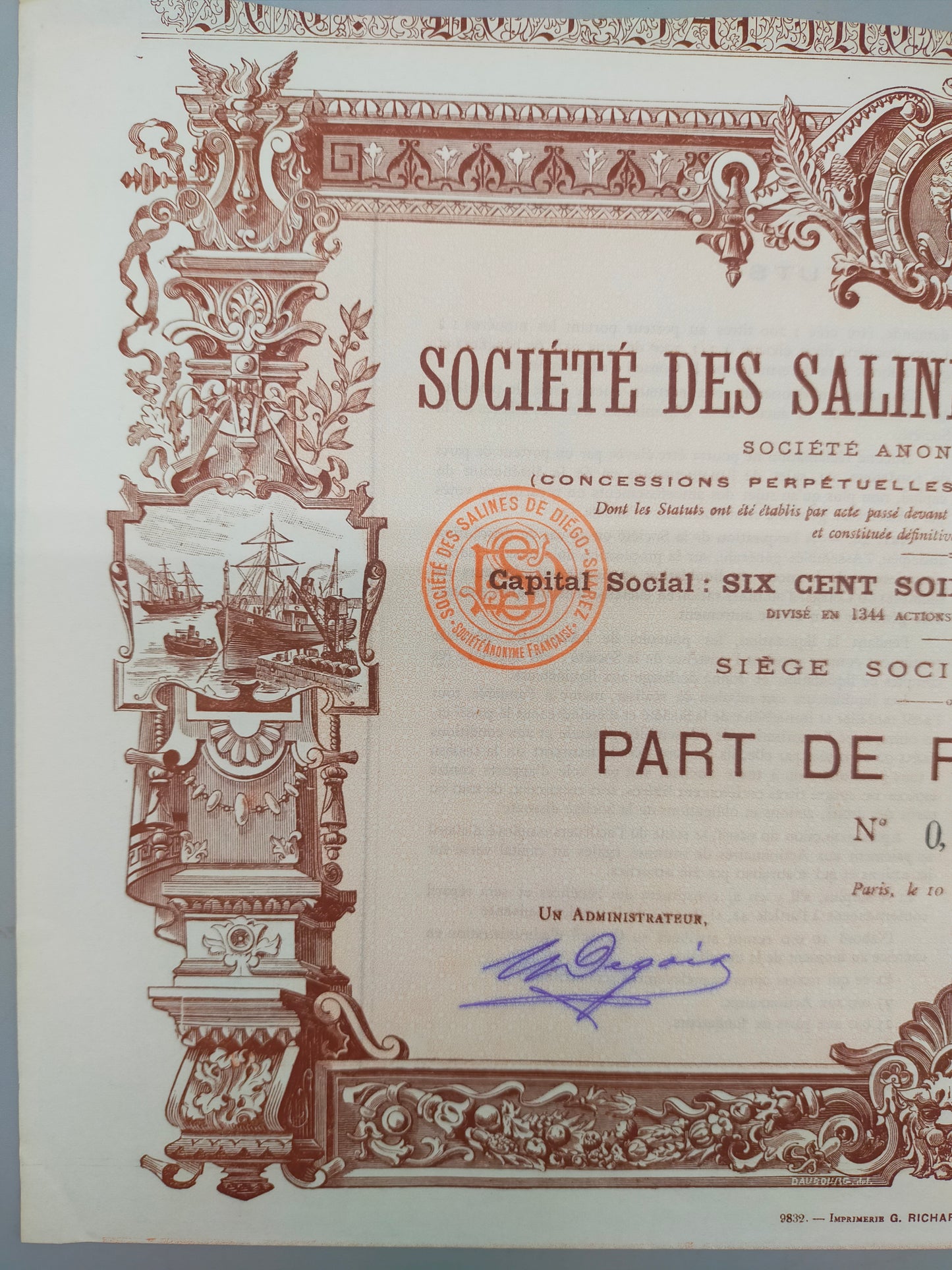 Historische Gründeraktie Société des Salines de Diego Suarez Paris 1895