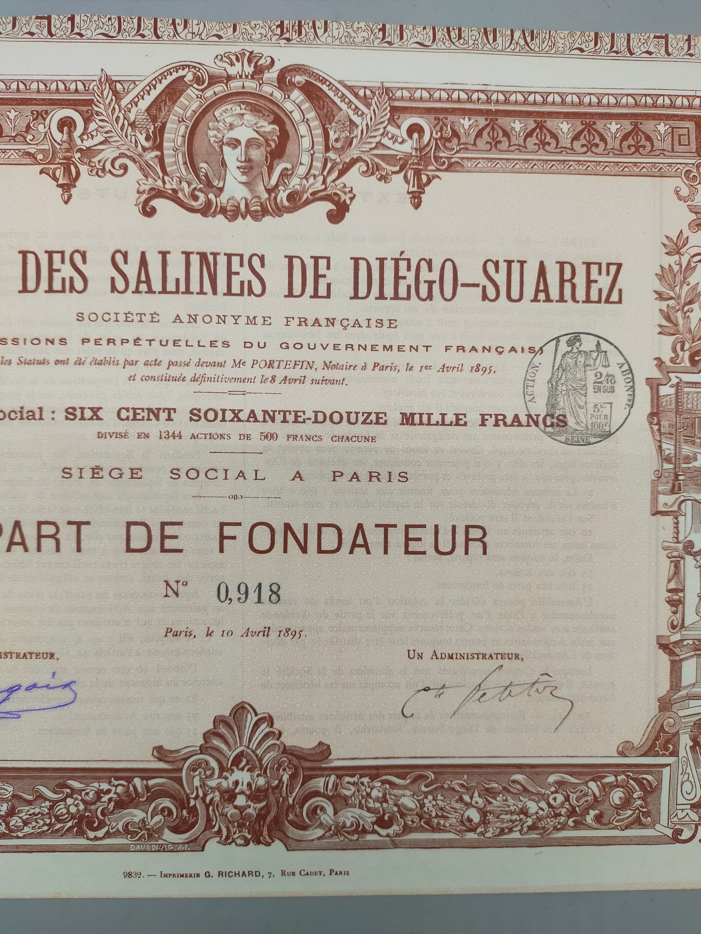 Historische Gründeraktie Société des Salines de Diego Suarez Paris 1895