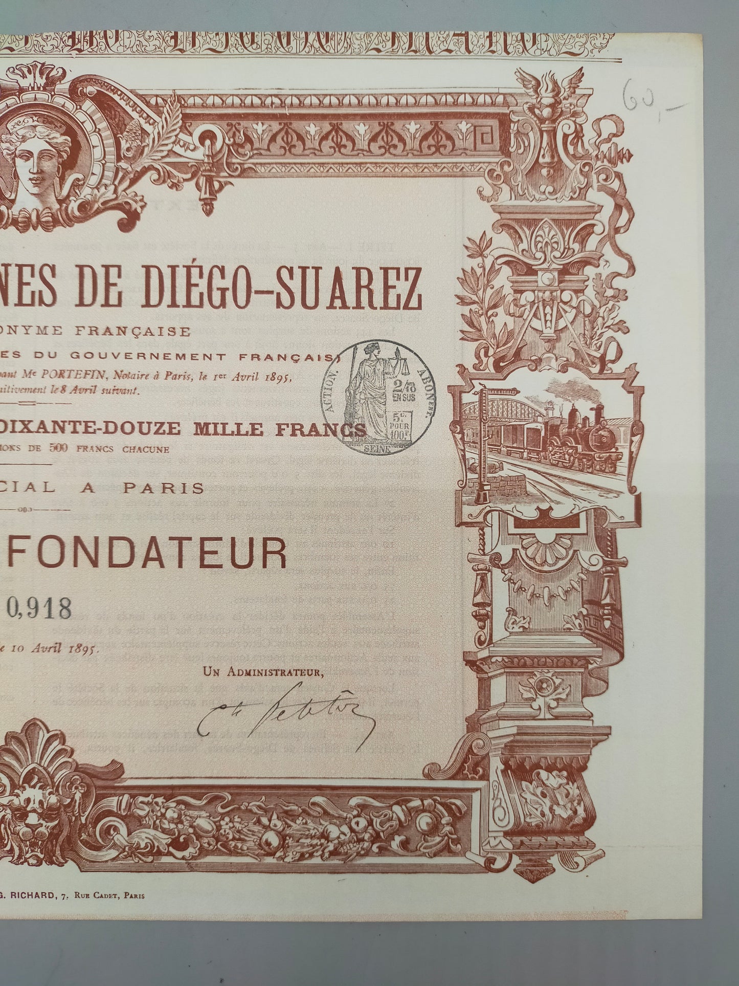 Historische Gründeraktie Société des Salines de Diego Suarez Paris 1895