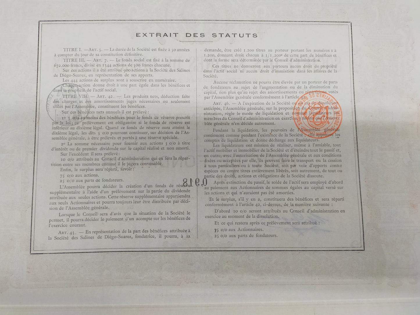 Historische Gründeraktie Société des Salines de Diego Suarez Paris 1895