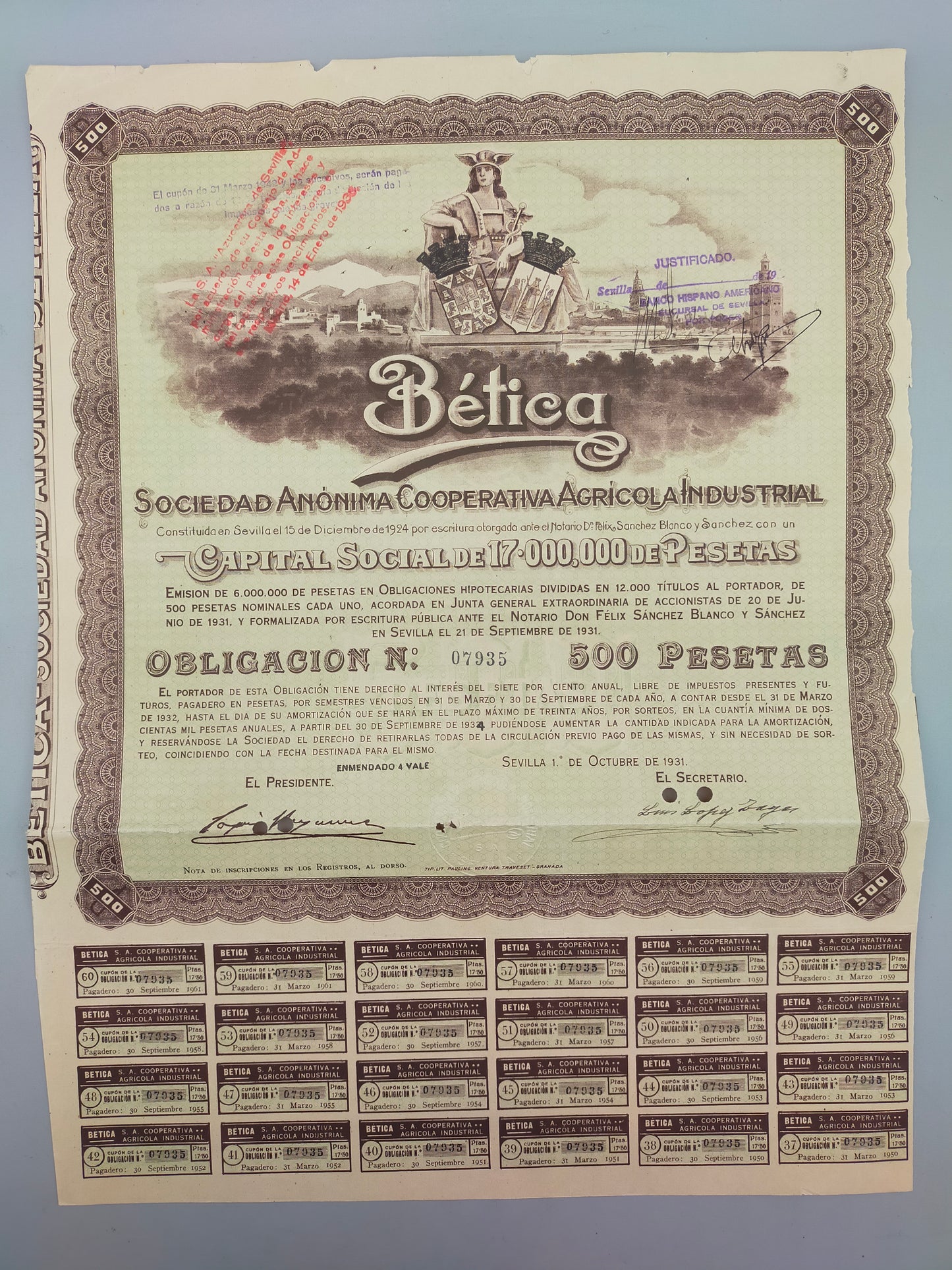 Historische Bética Obligación  500 Pesetas Sociedad Anónima (1931)