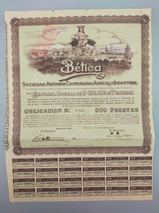 Historische Bética Obligación  500 Pesetas Sociedad Anónima (1931)