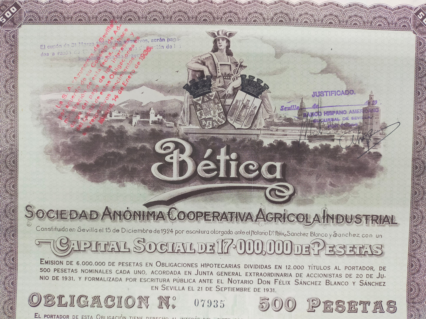 Historische Bética Obligación  500 Pesetas Sociedad Anónima (1931)