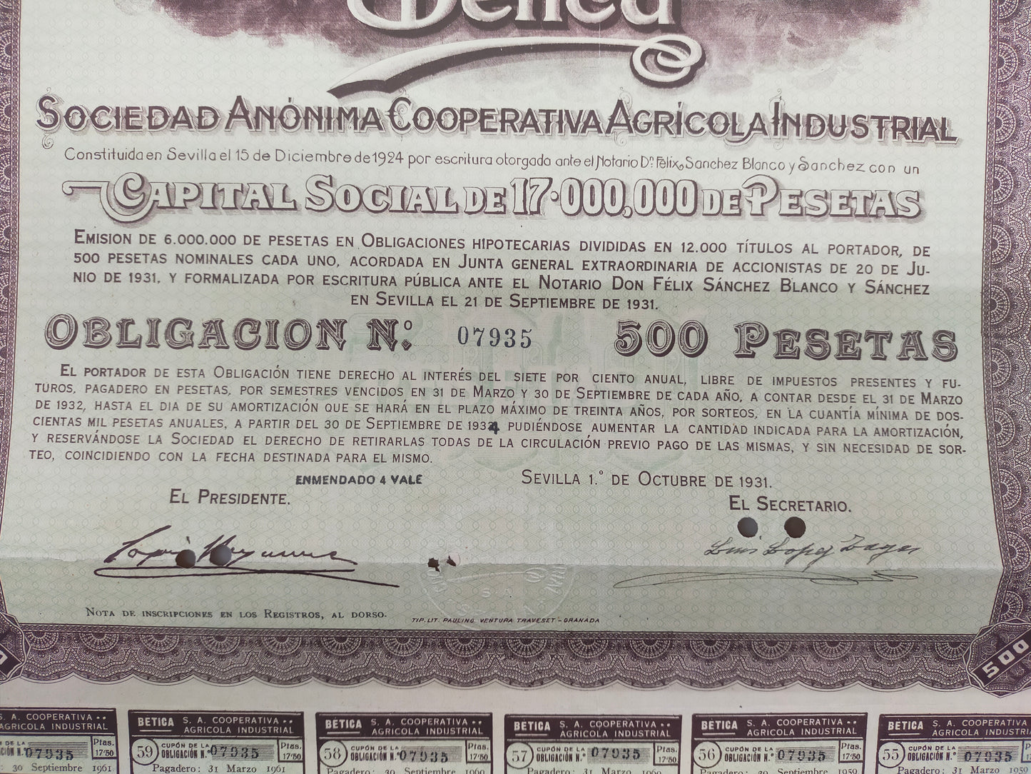 Historische Bética Obligación  500 Pesetas Sociedad Anónima (1931)
