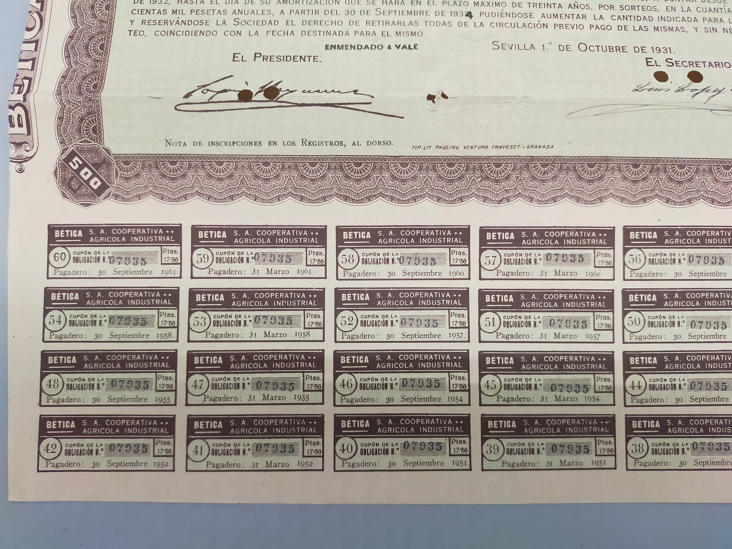 Historische Bética Obligación  500 Pesetas Sociedad Anónima (1931)